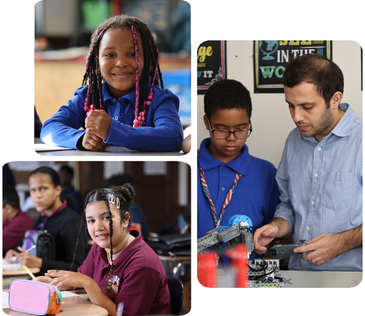 Collage showcasing various student activities including academics, science, and hands-on projects.